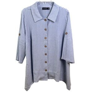 Nina‎ Leonard Gingham Blue Plaid Button Down Lagenlook Country Tunic Size 2X